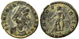 Helena, 324-328/30. Follis (bronze, 1.34 g, 15 mm), Constantinople. FL IVL HE-LENAE AVG Diademed and draped bust of Helena to right. Rev. PAX PVBLICA ...