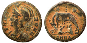 Commemorative Series, 330-354. Follis (bronze, 2.06 g, 17 mm), Nicomedia. VRBS ROMA Helmeted bust of Roma to left, wearing imperial mantle. Rev. She-w...