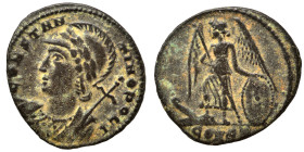 Commemorative Series, 330-354. Follis (bronze, 1.92 g, 18 mm), Constantinople. CONSTAN-TINOPOLIS Helmeted and mantled bust of Constantinopolis to left...