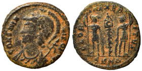 City Commemorative, 336-337. Follis (bronze, 1.17 g, 15 mm), Nicomedia (?). CONSTANTINOPOLI Laureate, helmeted and mantled bust of Constantinopolis to...