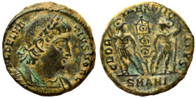 Delmatius, 335-337. Follis (bronze, 2.38 g, 15 mm), Antioch. FL DELMATIVS NOB C Laureate and cuirassed bust right. Rev. GLORIA EXERCITVS Two soldiers ...