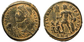 Constantius II, 337-361. Follis (bronze, 3.99 g, 20 mm), Antioch. D N CONSTANTIVS P F AVG Diademed, draped and cuirassed bust right. Rev. FEL TEMP REP...