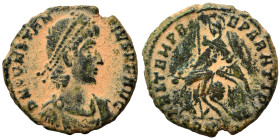 Constantius II, 337-361. Follis (bronze, 2.86 g, 17 mm). D N CONSTANTIVS P F AVG Pearl-diademed, draped and cuirassed bust to right. Rev. FEL TEMP REP...