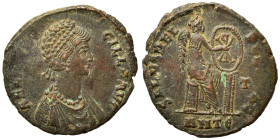 Aelia Flacilla, 383-386 Follis (bronze, 5.03 g, 21 mm), Antioch. AEL FLAC-CILLA AVG Diademed and draped bust right. Rev. SALVS REI PVBLICAE Victory se...