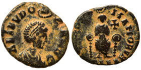 Aelia Eudoxia, Augusta, 400-404. Nummus (bronze, 2.27 g, 16 mm), Alexandria. AEL EVDOXIA AVG Pearl-diademed and draped bust right, being crowned by th...