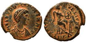 Aelia Eudoxia, Augusta, 400-404. Nummus (bronze, 2.47 g, 17 mm), Cyzicus. AEL EVDOXIA AVG Diademed and draped bust to right, being crowned by the hand...