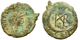 Marcian, 450-457. Nummus (bronze, 1.25 g, 13 mm), Constantinople. D N MARCIANVS P F AV Diademed, draped and cuirassed bust right. Rev. Monogram in wre...