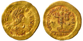 Zeno, Second reign, 476-491. Tremissis (gold, 1.49 g, 14 mm), Constantinople. D N ZENO PERP AVG Diademed, draped and cuirassed bust right. Rev. VICTOR...