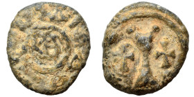 Justinian I (?), 527-565. Decanummium (lead, 3.62 g, 17 mm). Large I, cross to left and right. Rev. KΘ, uncertain legend around. Nearly very fine.