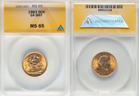 Elizabeth II gold Sovereign 1963 MS65 ANACS, KM908. HID09801242017 © 2024 Heritage Auctions | All Rights Reserved