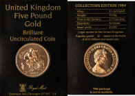 Elizabeth II gold 5 Pounds 1984 UNC, Royal mint, KM924. 39.94 gm. A heavenly relic whose motifs display a crisp likeness to the late Queen Elizabeth I...