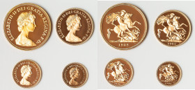 Elizabeth II 4-Piece Uncertified gold Proof Set 1982, 1) 5 Pounds, KM924. 39.94 gm. 2) 2 Pounds, KM923. 15.98 gm. 3) Sovereign, KM922. 7.99 gm. 4) 1/2...