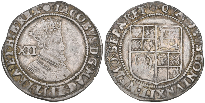 James I, Second Coinage, shilling, m.m. rose, fourth bust type, with plain armou...
