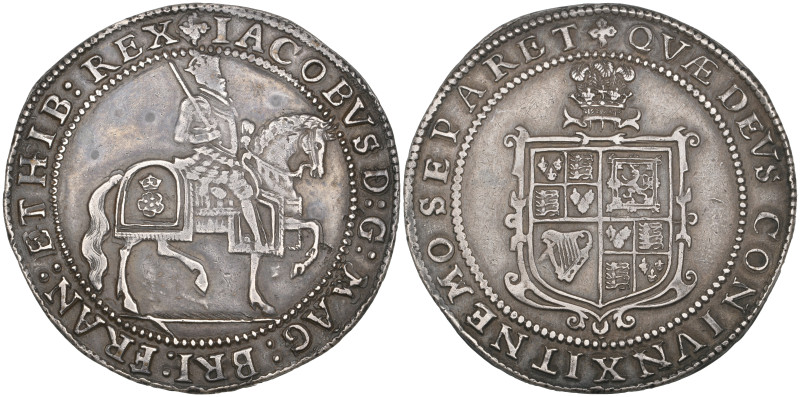 James I, Third Coinage, crown, m.m. trefoil over lis on both sides, King on hors...