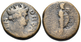 BOEOTIA. Thebes. Galba, 68-69. (Bronze, 19 mm, 7.83 g, 2 h). ΘΗΒΑΙΩΝ Head of turreted Tyche to right. Rev. ΕΠΙ ΑΡΧΙ ΠΕΜΠΤΙΔΟΥ Dionysus standing to rig...