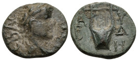 TROAS. Abydus. Tiberius?, 14-37 AD. (Bronze, 14 mm, 2.06 g, 12 h). CEBAC Laureate head of Tiberius (?) to right. Rev. A/B-Y/Δ/Η Lyre. RPC I 2289. Only...