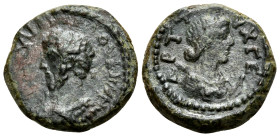 ARABIA, Decapolis. Gerasa. Lucius Verus, 161-169. (Bronze, 14.5 mm, 3.77 g, 12 h). [ΑΥΤΟΚ Κ]ΑΙ[CΑΡ Λ]ΟΥΚΙ ΟΥH Laureate, draped and cuirassed bust of L...