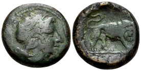 Anonymous, Circa 275-270 BC. Dilitron (Bronze, 20.5 mm, 9.94 g, 9 h), uncertain mint in Southern Italy, possibly Neapolis. Female head to right, hair ...