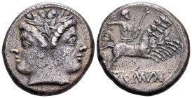 Anonymous, circa 225-214 BC. Quadrigatus (Silver, 20 mm, 6.24 g, 6 h), uncertain mint. Laureate janiform head of the Dioscuri. Rev. Jupiter, holding s...