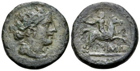 Anonymous, Circa 217-215 BC. Semuncia (Bronze, 20 mm, 5.72 g, 5 h), Semilibral series, Rome mint. Draped female bust to right, wearing a turreted crow...