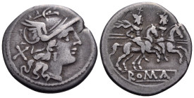 Anonymous, after 211 BC. Denarius (Silver, 20 mm, 3.64 g, 9 h), Rome mint. Helmeted head of Roma to right; behind, X (mark of value). Rev. The Dioscou...