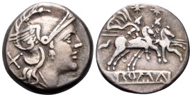 Anonymous, circa 214-213 BC. Denarius (Silver, 16 mm, 3.07 g, 5 h), Rome mint. Helmeted head of Roma to right; behind, X (mark of value). Rev. The Dio...