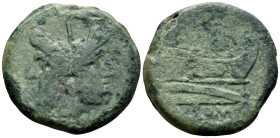 Anonymous, after 211 BC. As (Bronze, 35 mm, 37.85 g, 8 h), Rome mint. Laureate head of Janus, I (mark of value) above. Rev. ROMA Prow to right; above,...