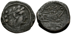 Anonymous, after 211 BC. Quadrans (Bronze, 18.5 mm, 3.96 g, 11 h), uncertain mint in Sardinia or Sicily. Head of Hercules to right, wearing lion skin;...