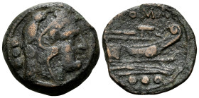 Anonymous, after 211 BC. Quadrans (Bronze, 19 mm, 5.04 g, 2 h), Uncertain mint in Sardinia or Sicily. Head of Hercules to right, wearing lion skin; be...