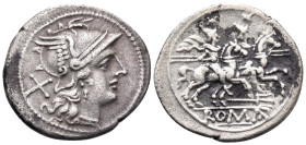 Anonymous, circa 206-195 BC. Denarius (Silver, 21 mm, 3.54 g, 1 h), Rome mint. Helmeted head of Roma to right; behind, X (mark of value). Rev. ROMA Th...