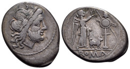Anonymous, circa 206-195 BC. Victoriatus (Silver, 18 mm, 2.25 g, 3 h), Rome. Laureate head of Jupiter to right. Rev. ROMA Victory standing to right, c...