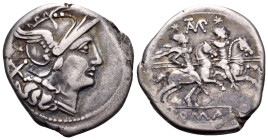 Cn. Baebius Tamphilus, 194-190 BC. Denarius (Silver, 19.5 mm, 3.72 g, 1 h), TAMP series, Rome. Helmeted head of Roma to right; behind, X (mark of valu...