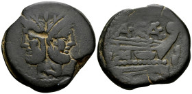 A. Caecilius, Circa 169-158 BC. As (Bronze, 32.5 mm, 24.11 g, 2 h), A.CAE series, Rome mint. Laureate head of Janus; above, I (mark of value). Rev. RO...