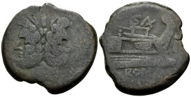 Cluvius Saxula, Circa 169-158 BC. As (Bronze, 32 mm, 22.72 g, 3 h), SAX series, Rome mint (?). Laureate head of Janus; above, I (mark of value). Rev. ...