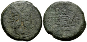 Cluvius Saxula, Circa 169-158 BC. As (Bronze, 33.5 mm, 29.81 g, 3 h), SAX series, Rome mint (?). Laureate head of Janus; before, I (mark of value). Re...