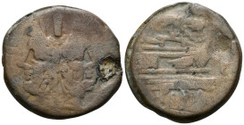 Anonymous, Circa 169-158 BC. As (Bronze, 32 mm, 25.89 g, 9 h), Wolf and twins series, Rome mint. Laureate head of Janus; above, I (mark of value). Rev...