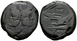 Anonymous, Circa 169-158 BC. As (Bronze, 33 mm, 26.35 g, 12 h), Butterfly and vine-branch series, Rome mint. Laureate head of Janus; above, I (mark of...