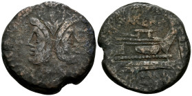 L. Licinius Murena, circa 169-158 BC. As (Bronze, 33.5 mm, 33.40 g, 11 h), Rome mint. Laureate head of Janus; above, I (mark of value). Rev. MVRENA / ...