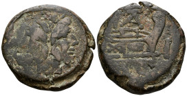 Anonymous, Circa 169-158 BC. As (Bronze, 33.5 mm, 32.51 g, 9 h), AT or TA series, Rome mint. Laureate head of Janus; above, I (mark of value). Rev. (A...