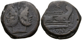 Anonymous, Circa 169-158 BC. As (Bronze, 29.5 mm, 19.68 g, 2 h), Star series, Rome mint. Laureate head of Janus; above, I (mark of value). Rev. Prow t...