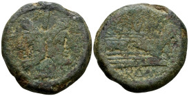 Uncertain monneyer, Circa 169-158 BCV. As (Bronze, 31 mm, 26.45 g, 4 h), Rome (?). Laureate head of Janus, I (mark of value) above. Rev. [...] / ROMA ...