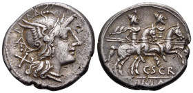 C. Scribonius, 154 BC. Denarius (Silver, 18.5 mm, 3.96 g, 2 h), Rome mint. Helmeted head of Roma to right; behind, X (mark of value). Rev. C•SCR / ROM...
