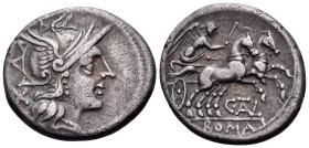 C. Juventius Thalna, 154 BC. Denarius (Silver, 19 mm, 3.72 g, 5 h), C•TAL series, Rome mint. Helmeted head of Roma to right; behind, X (mark of value)...