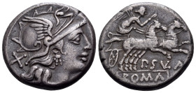 Pub. Sulla, 151 BC. Denarius (Silver, 16.5 mm, 3.92 g, 8 h), Rome mint. Helmeted head of Roma to right; behind, X (mark of value). Rev. P•S(VL)A Victo...