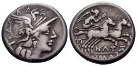 Pinarius Natta, 149 BC. Denarius (Silver, 17 mm, 3.69 g, 11 h), NATTA series, Rome mint. Helmeted head of Roma to right; behind, X (mark of value). Re...