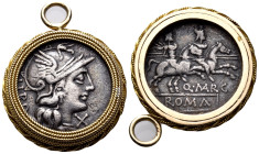 Q. Marcius Libo, 148 BC. Denarius (Silver, 27.5 mm, 7.56 g, 5 h), Rome mint. LIBO Helmeted head of Roma to right; below chin, X (mark of value). Rev. ...