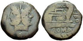 Q. Marcius Libo, 148 BC. As (Bronze, 30.5 mm, 21.25 g, 7 h). Laureate head of Janus; above, I (mark of value). Rev. Q. (MA)RC / LIBO /ROMA Prow to rig...