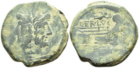C. Terentius Lucanus, 147 BC. As (Bronze, 32 mm, 22.93 g, 10 h), Rome mint. C•TER LVC / ROMA Laureate head of Janus; above, I (mark of value). Rev. Pr...