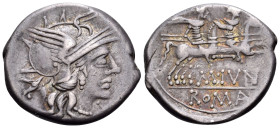 M. Junius Silanus, 145 BC. Denarius (Silver, 20 mm, 4.19 g, 6 h), Rome mint. Helmeted head of Roma to right; below chin, X (mark of value); behind, as...