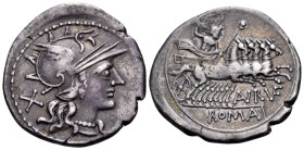 T. Annius Rufus, 144 BC. Denarius (Silver, 23 mm, 3.81 g, 3 h), Rome mint. Helmeted head of Roma to right; behind, X (mark of value). Rev. (AN) R(VF) ...